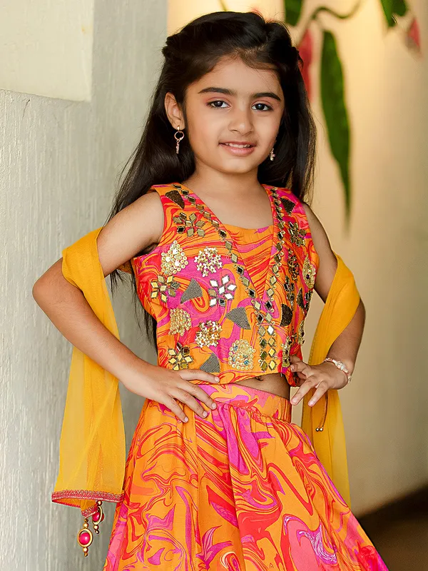 Orange printed crepe lehenga choli with dupatta