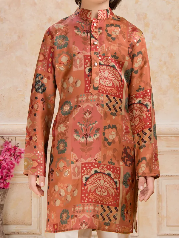 Orange printed festive wear cotton silk kurta suit