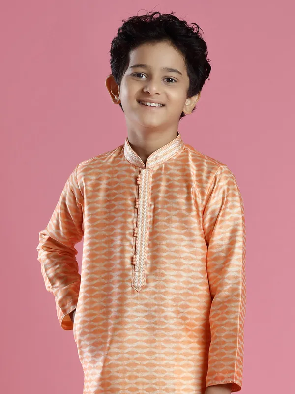 Orange printed festive wear kurta suit in silk