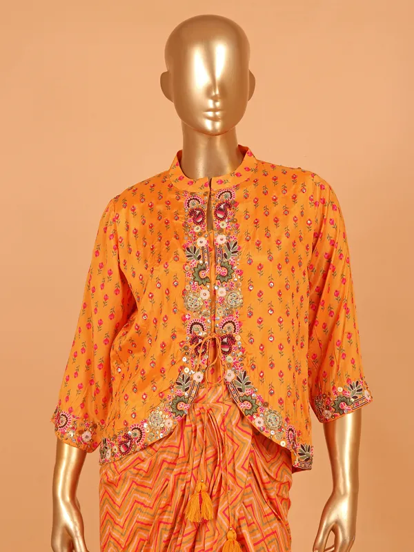 Orange printed jacket style silk salwar suit