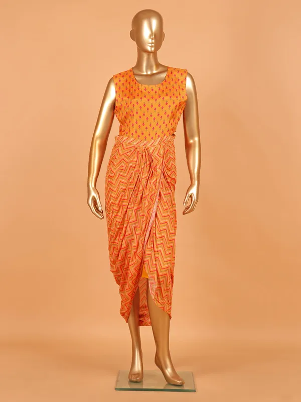 Orange printed jacket style silk salwar suit