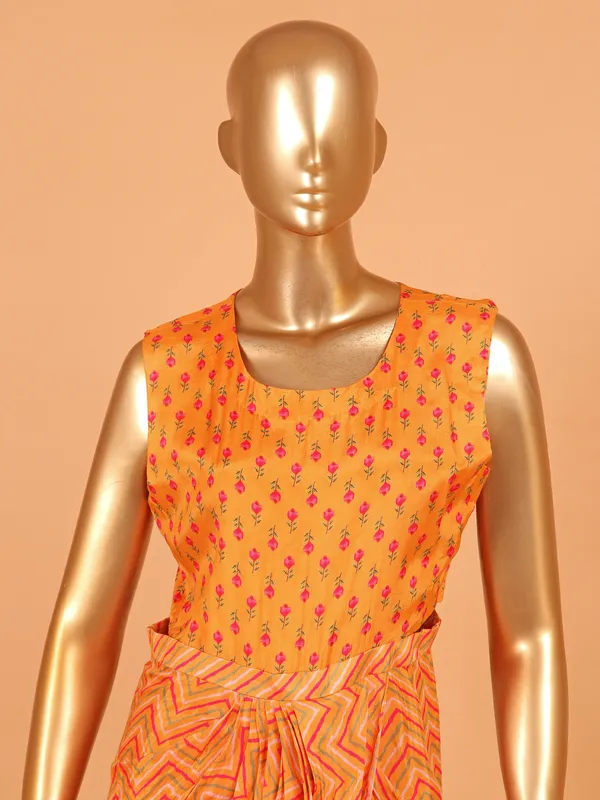 Orange printed jacket style silk salwar suit