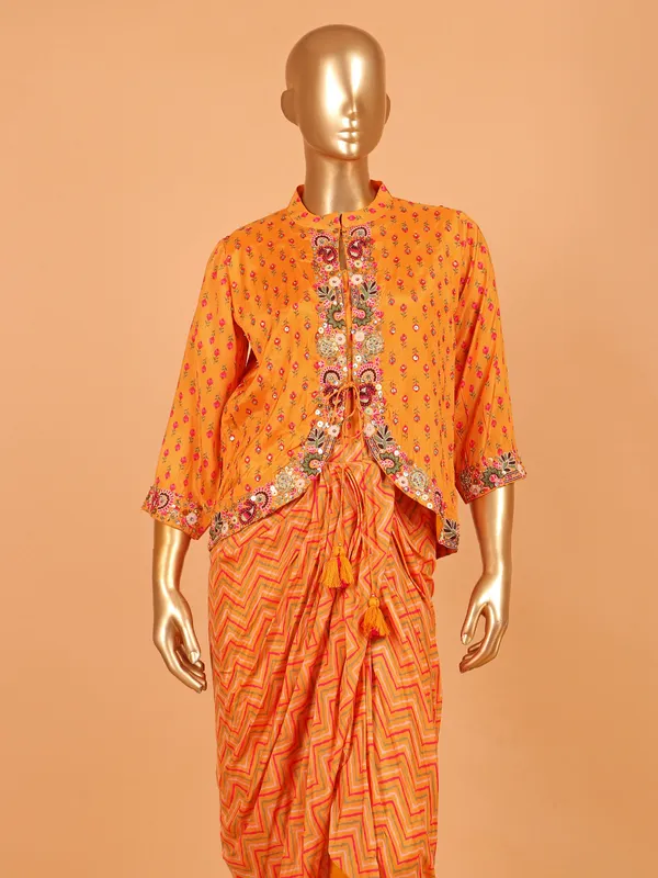 Orange printed jacket style silk salwar suit