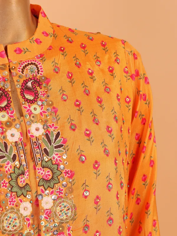 Orange printed jacket style silk salwar suit