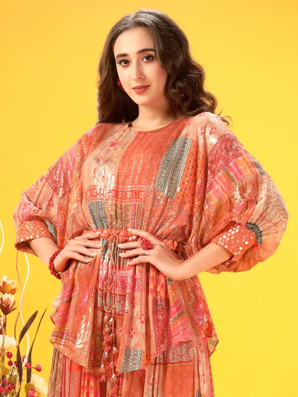 Orange printed palazzo suit in georgette