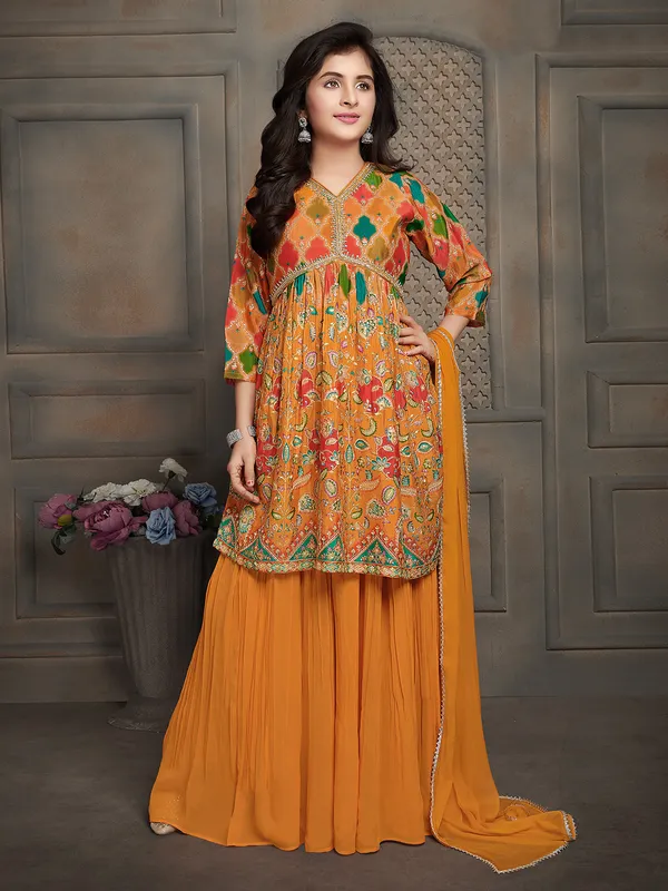 Orange printed palazzo suit with dupatta