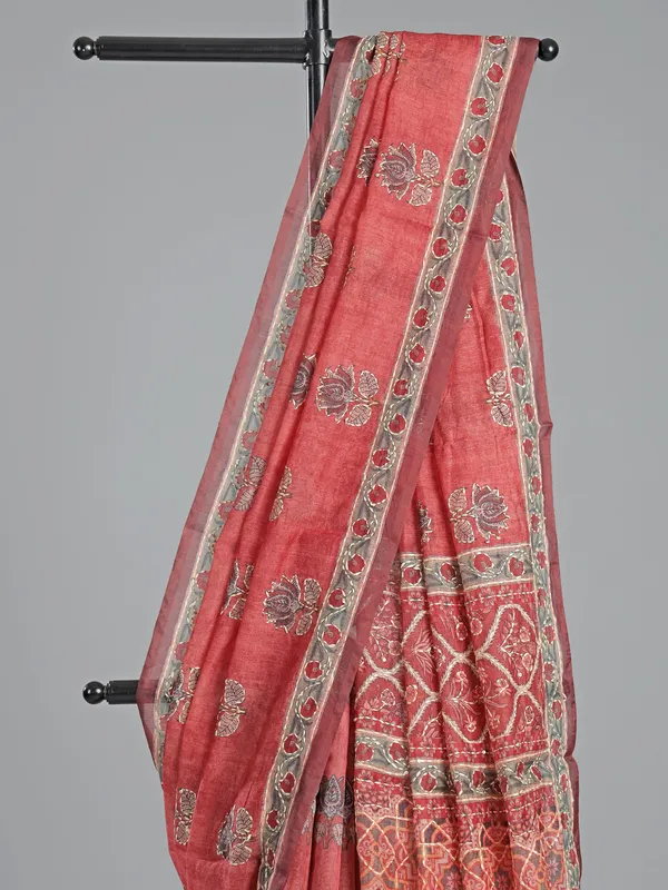 Orange printed semi cotton saree for women