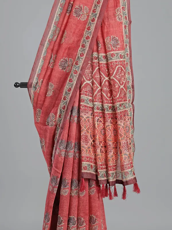 Orange printed semi cotton saree for women