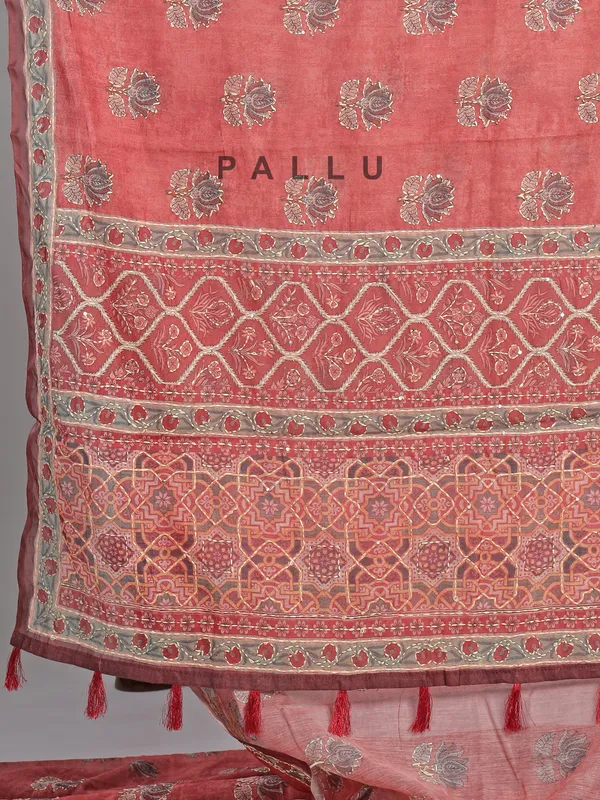 Orange printed semi cotton saree for women
