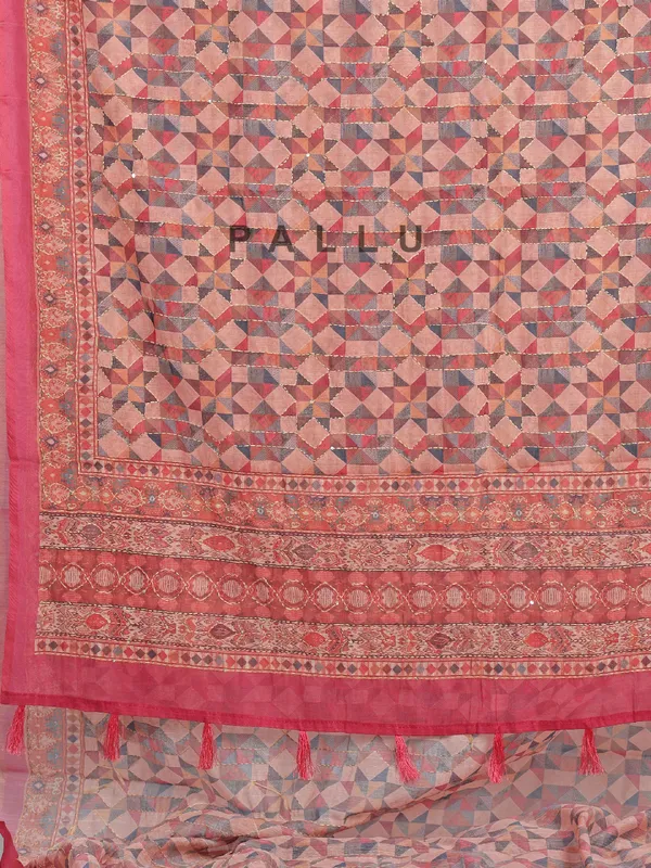 Orange printed semi cotton saree with thread work