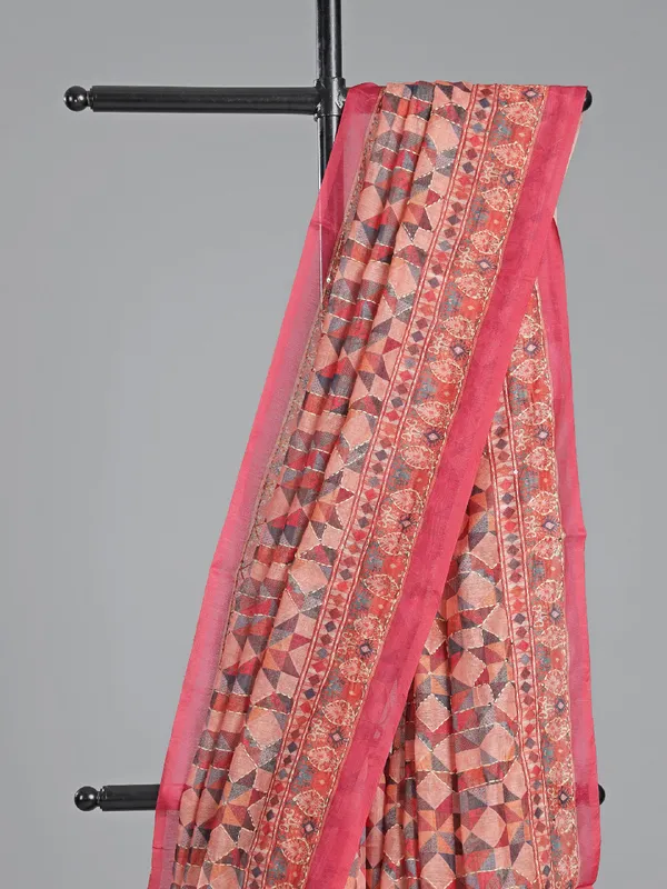 Orange printed semi cotton saree with thread work