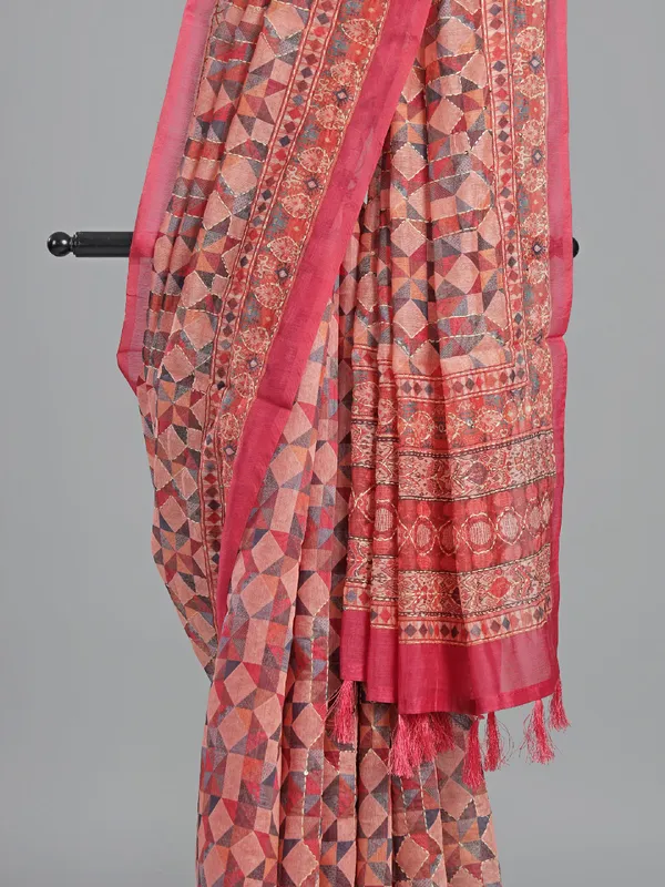 Orange printed semi cotton saree with thread work