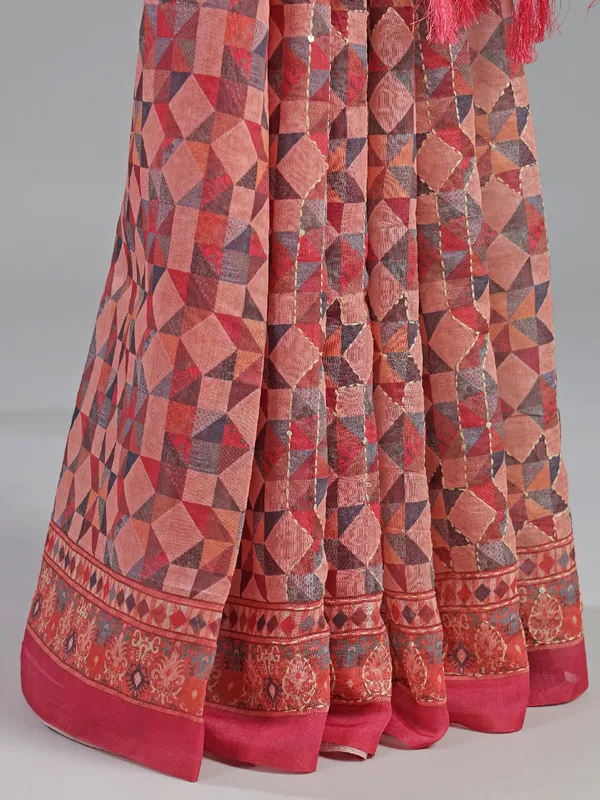 Orange printed semi cotton saree with thread work