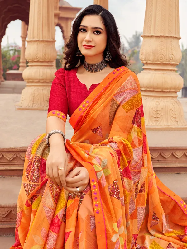 Orange printed shiffon saree