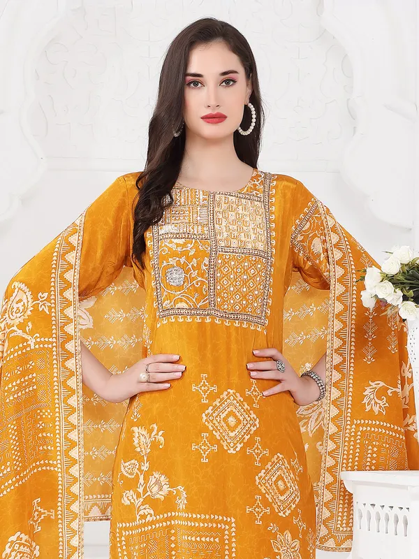 Orange printed silk kurti set for women
