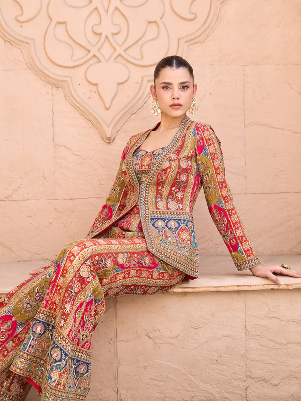 Orange printed silk palazzo suit for wedding