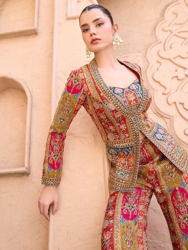 Orange printed silk palazzo suit for wedding