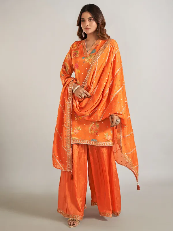 Orange printed silk palazzo suit with dupatta