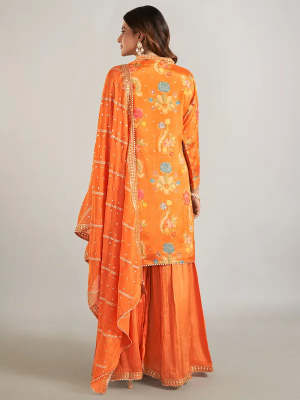 Orange printed silk palazzo suit with dupatta