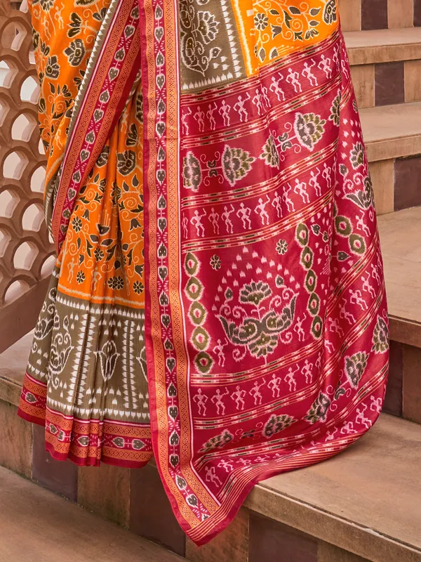 Orange printed silk saree for wedding wear