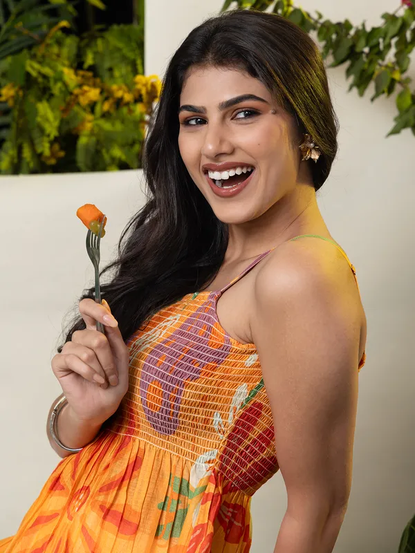 Orange printed silk top for women