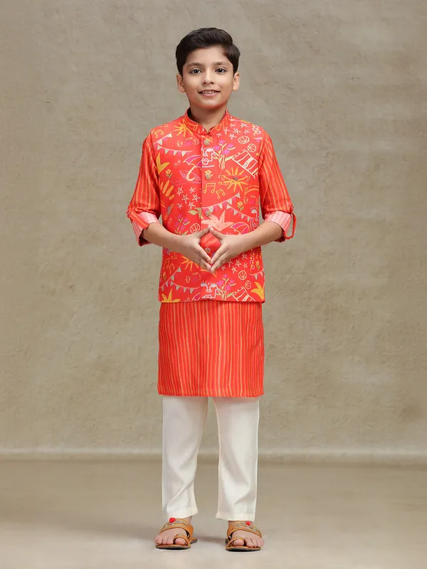 Orange printed waistcoat set in cotton silk for boys
