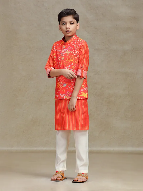 Orange printed waistcoat set in cotton silk for boys
