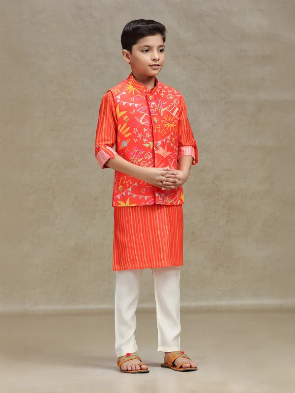 Orange printed waistcoat set in cotton silk for boys