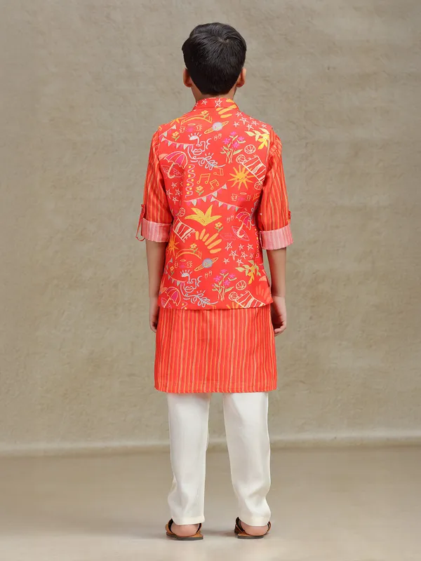Orange printed waistcoat set in cotton silk for boys