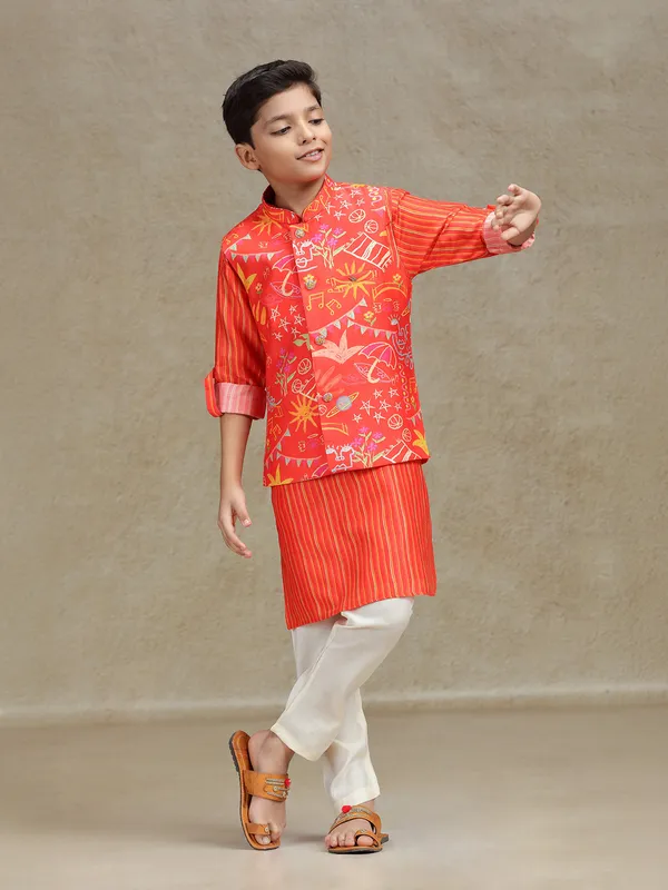 Orange printed waistcoat set in cotton silk for boys