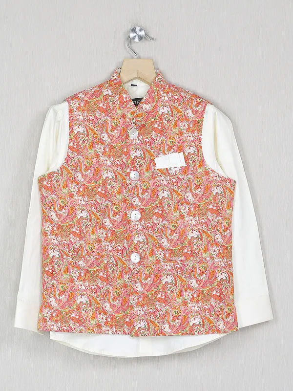 Orange printed waistcoat with shirt in cotton silk