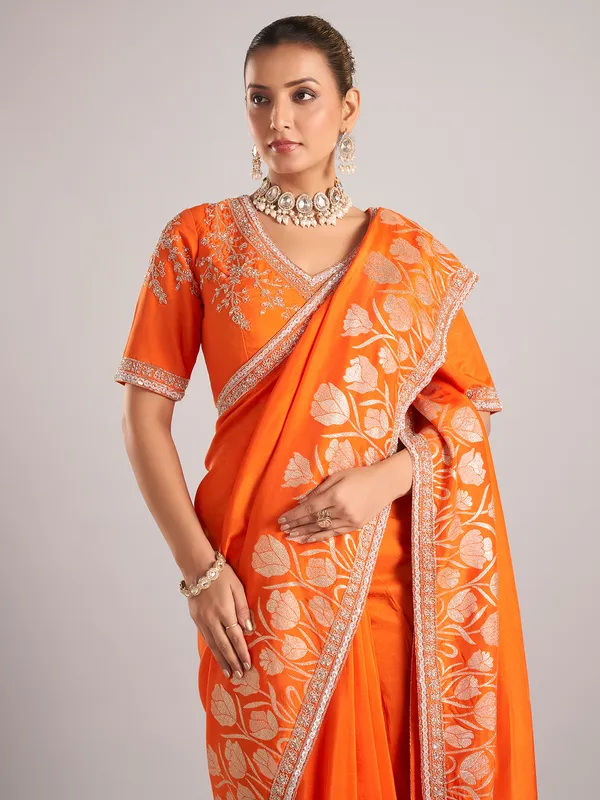 Orange pure dola silk saree with festive detailing