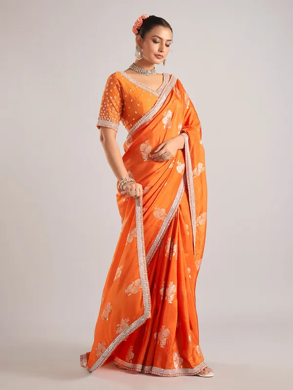 Orange pure dola silk saree with zardosi weaving