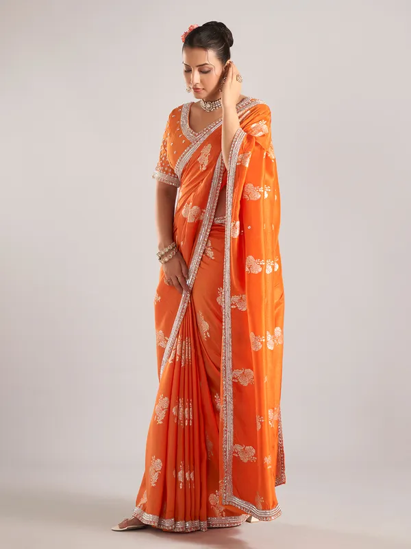 Orange pure dola silk saree with zardosi weaving