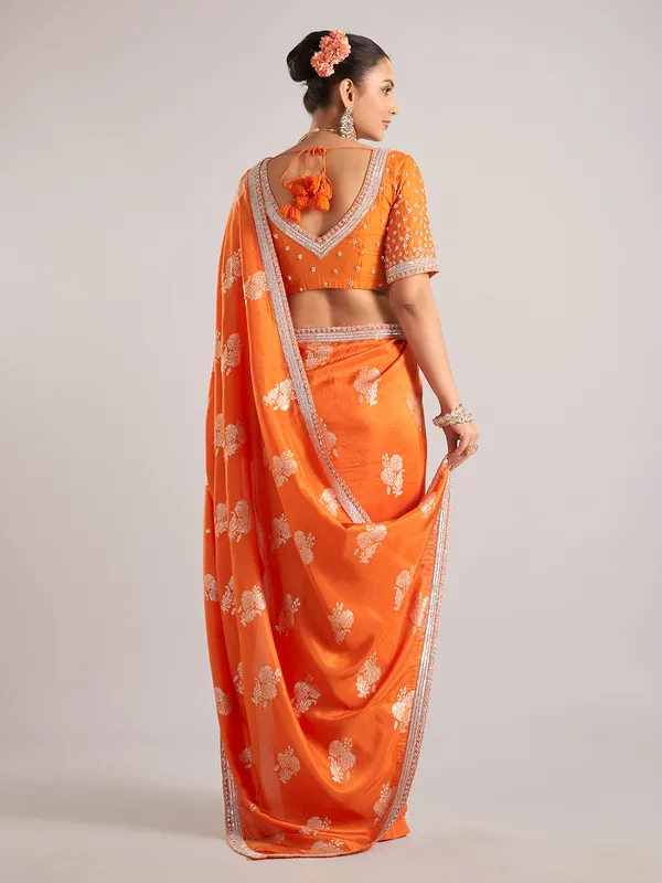 Orange pure dola silk saree with zardosi weaving