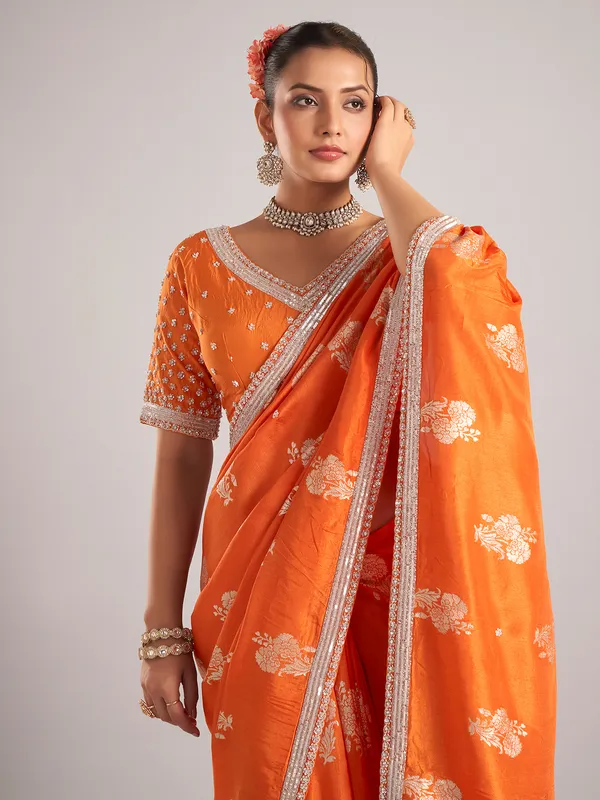 Orange pure dola silk saree with zardosi weaving