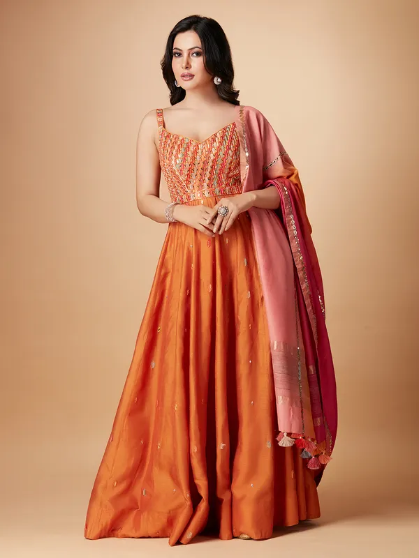 Orange raw silk floor length anarkali suit