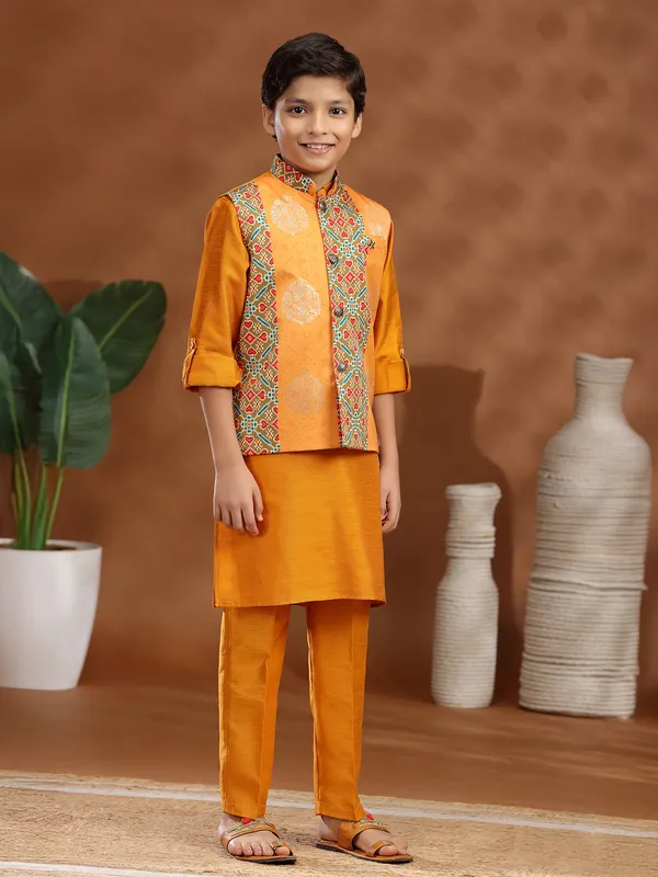 Orange raw silk zari weaving printed waistcoat set