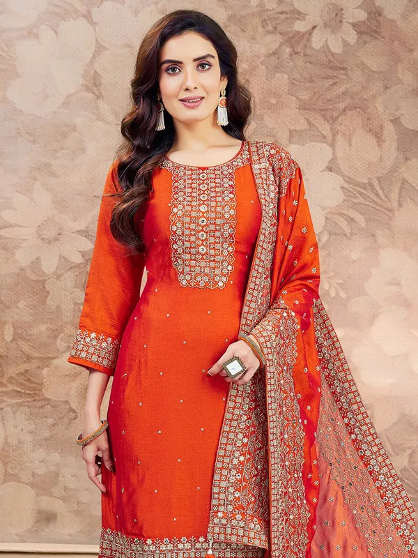 Orange resham worked silk salwar suit
