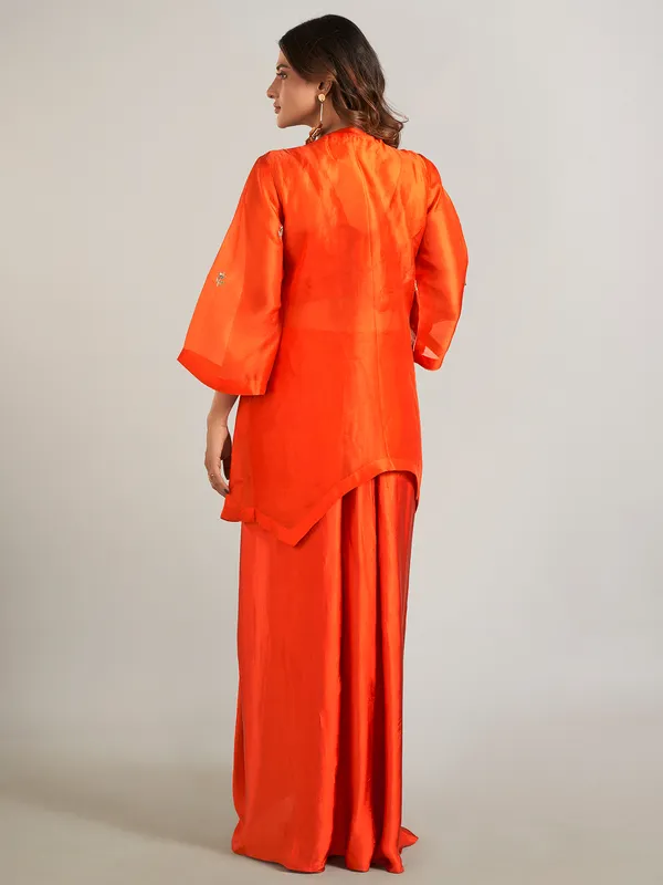 Orange satin silk indowestern style suit