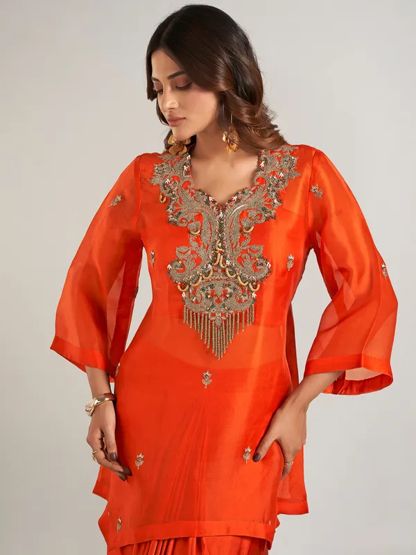 Orange satin silk indowestern style suit