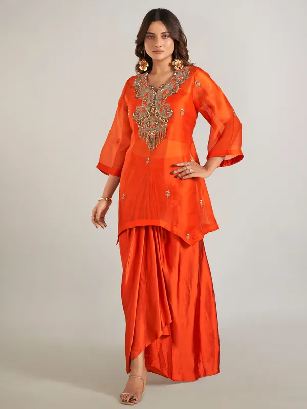 Orange satin silk indowestern style suit