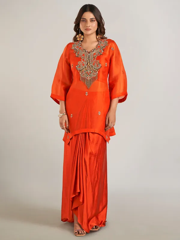 Orange satin silk indowestern style suit