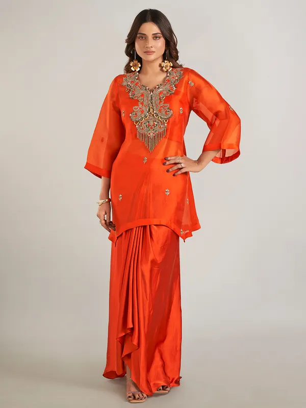 Orange satin silk indowestern style suit