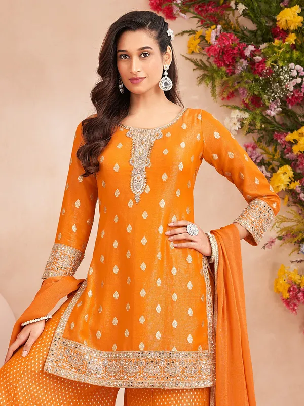 Orange sequins worked silk palazzo suit
