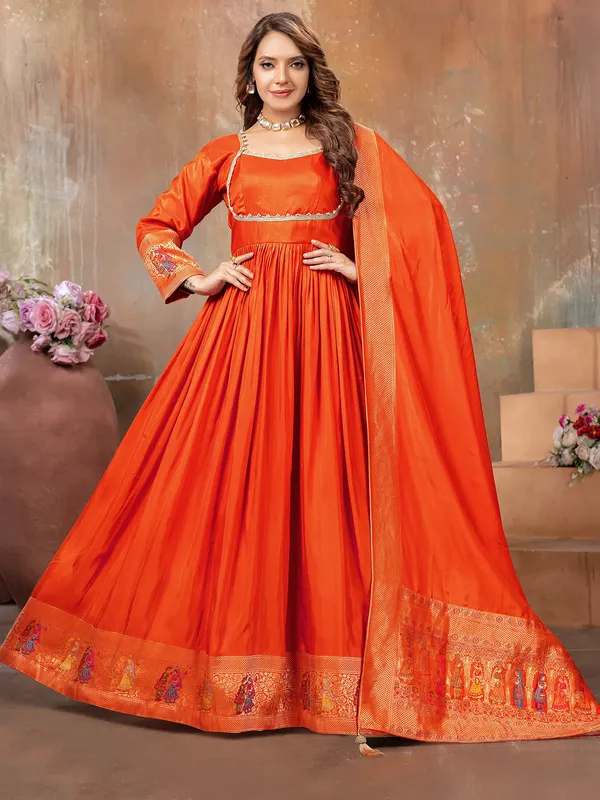 Orange silk anarkali floor length suit