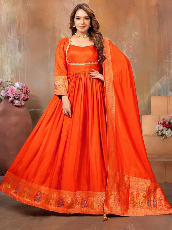 Orange silk anarkali floor length suit