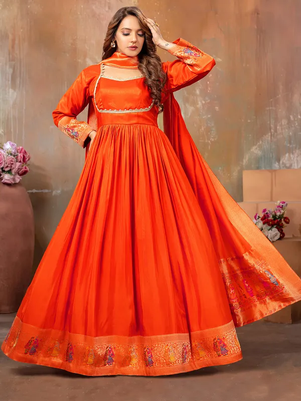 Orange silk anarkali floor length suit