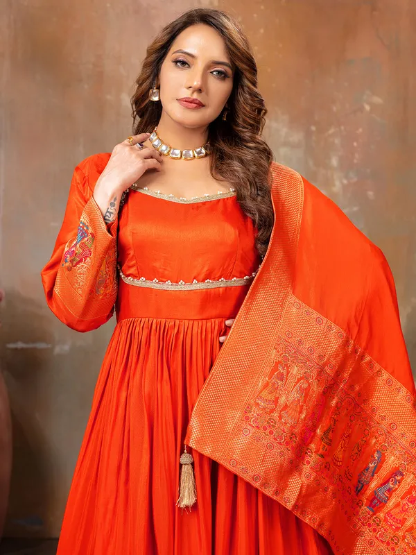 Orange silk anarkali floor length suit