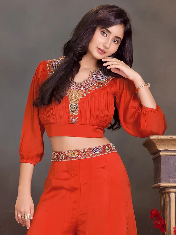 Orange silk beaded embroidered palazzo salwar suit
